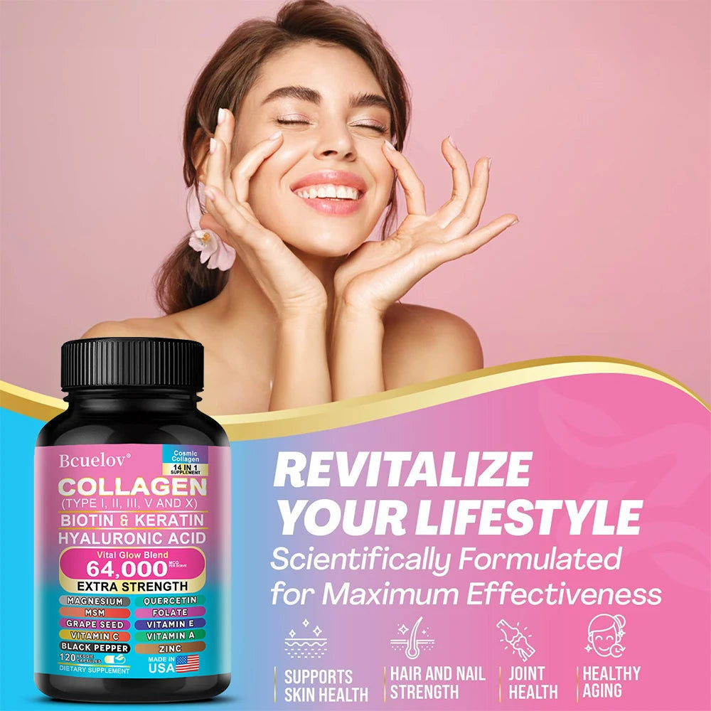 Collagen Peptides Types I, II, III, V & X, Biotin Keratin Hyaluronic Acid MSM Vitamins - Skin, Nails & Joint Health, Anti-Aging