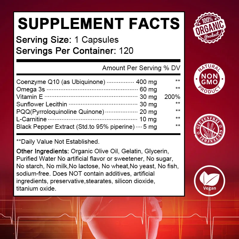 120pcs Organic Q10 Coenzyme 400mg Capsules Cardiovascular and Heart Health Energy Vitamins Beauty and Health