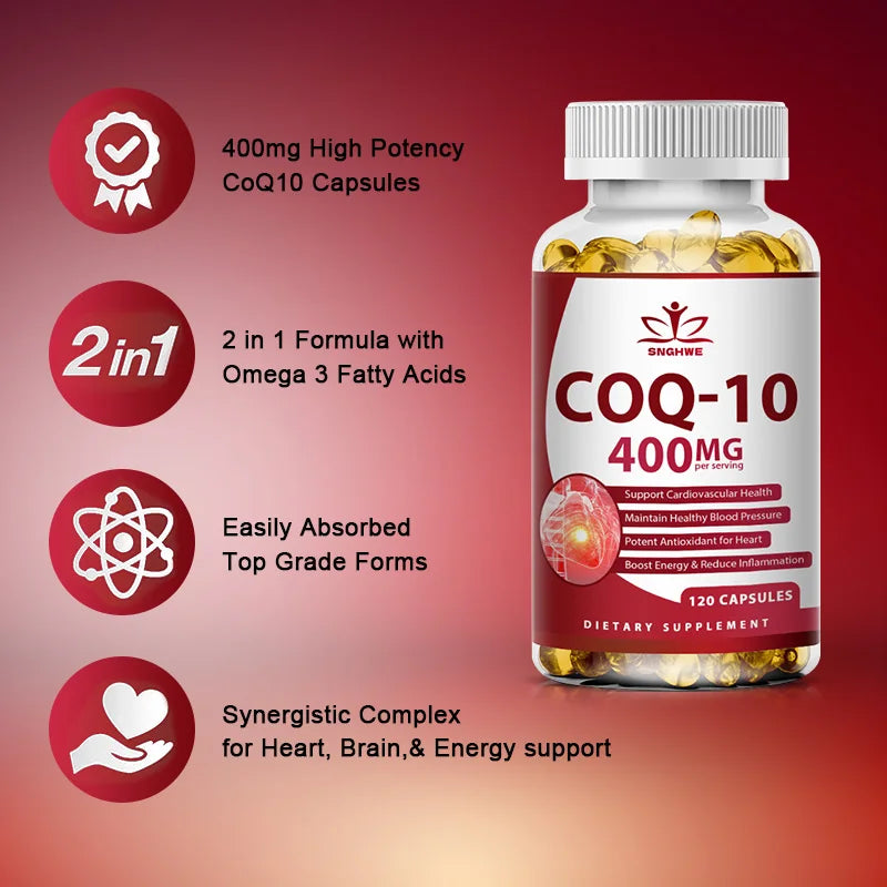 120pcs Organic Q10 Coenzyme 400mg Capsules Cardiovascular and Heart Health Energy Vitamins Beauty and Health